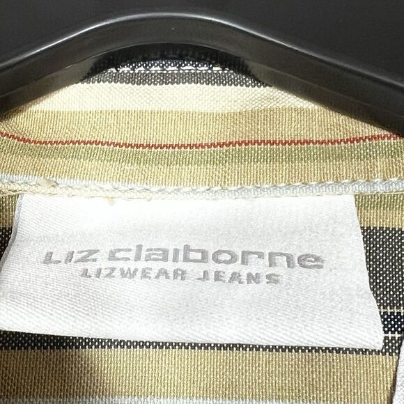 Liz Claiborne Striped Jean Jacket Large Beige Tan Gray Unlined Yoke Pockets - Picture 11 of 13